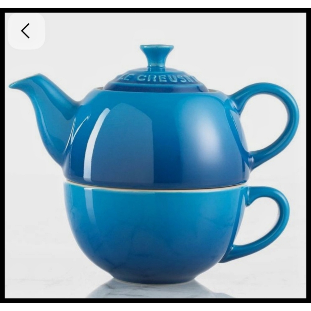 LE CREUSET 3 Piece Tea For One Teapot Cup Lid Set 10oz Stoneware Marseille Blue - Picture 10 of 10
